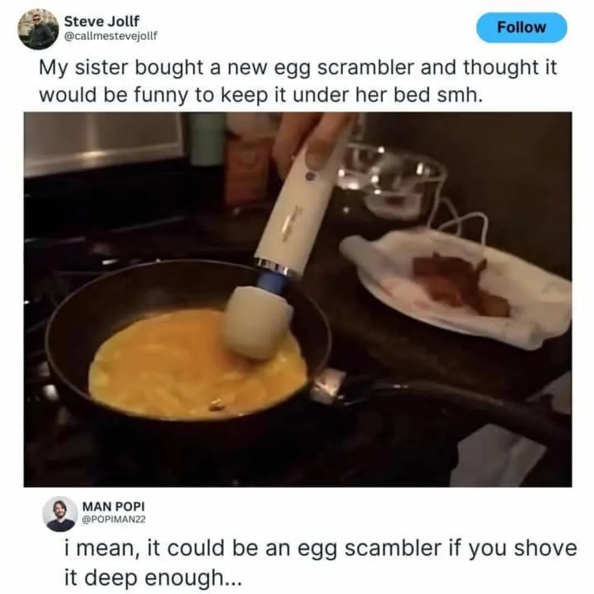 A hand holds a white electric egg scrambler over a frying pan with scrambled eggs. In the background, a plate with bacon…