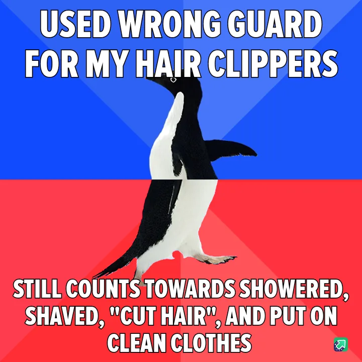A penguin stands centered against a split blue and red background, with bold white text overlaid. The top text reads 'USED…