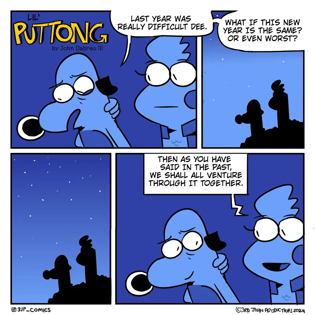A four-panel comic strip from 'Lil' Puttong' shows two blue cartoon characters at night. One character, holding a pipe…