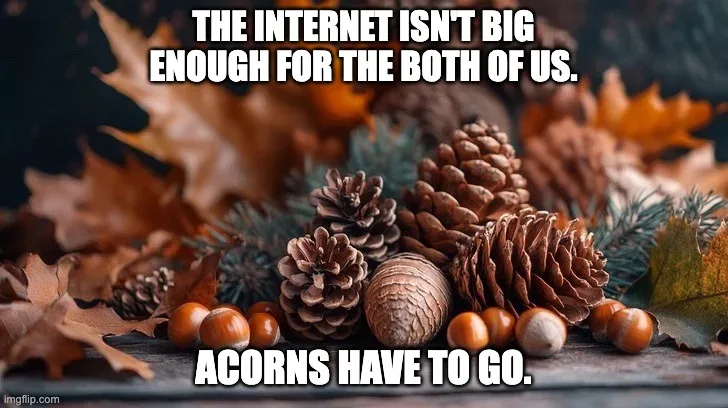 A still life photo of pinecones, acorns, and autumn leaves arranged on a dark surface. White bold text overlaid at the top…