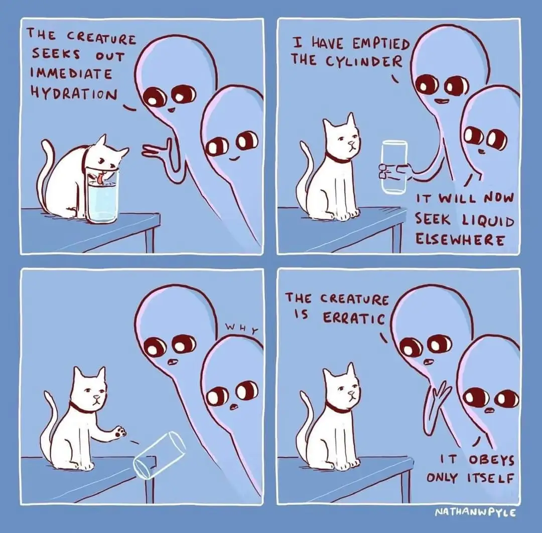 A four-panel comic shows two blue aliens observing a white cat drinking from a glass. The aliens, speaking in text, first…