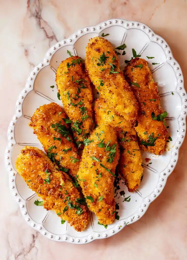 A top-down photo shows golden-brown, breaded chicken tenders arranged on a white, scalloped-edge plate with decorative dots…