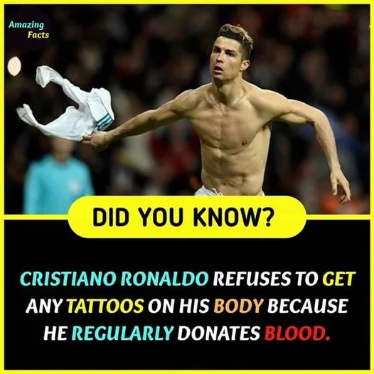 A shirtless Cristiano Ronaldo is shown celebrating in a stadium, holding his jersey aloft. Overlaid text in a yellow banner…