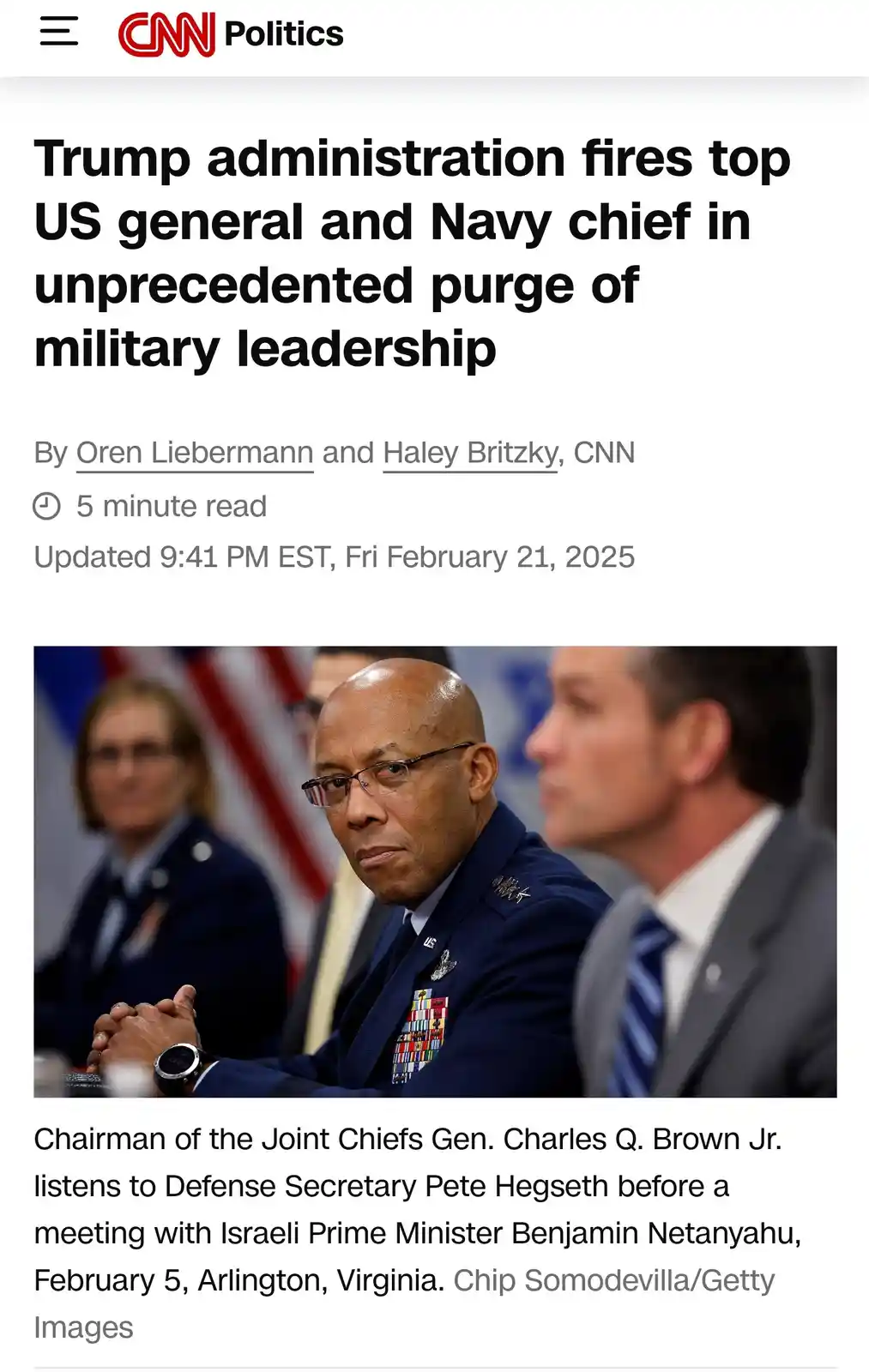 A screenshot of a CNN Politics article headline about the Trump administration firing top military leaders, overlaid with…