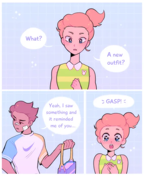 A two-panel comic shows a pink-haired girl looking confused as a boy says 'A new outfit?' She then gasps dramatically when…