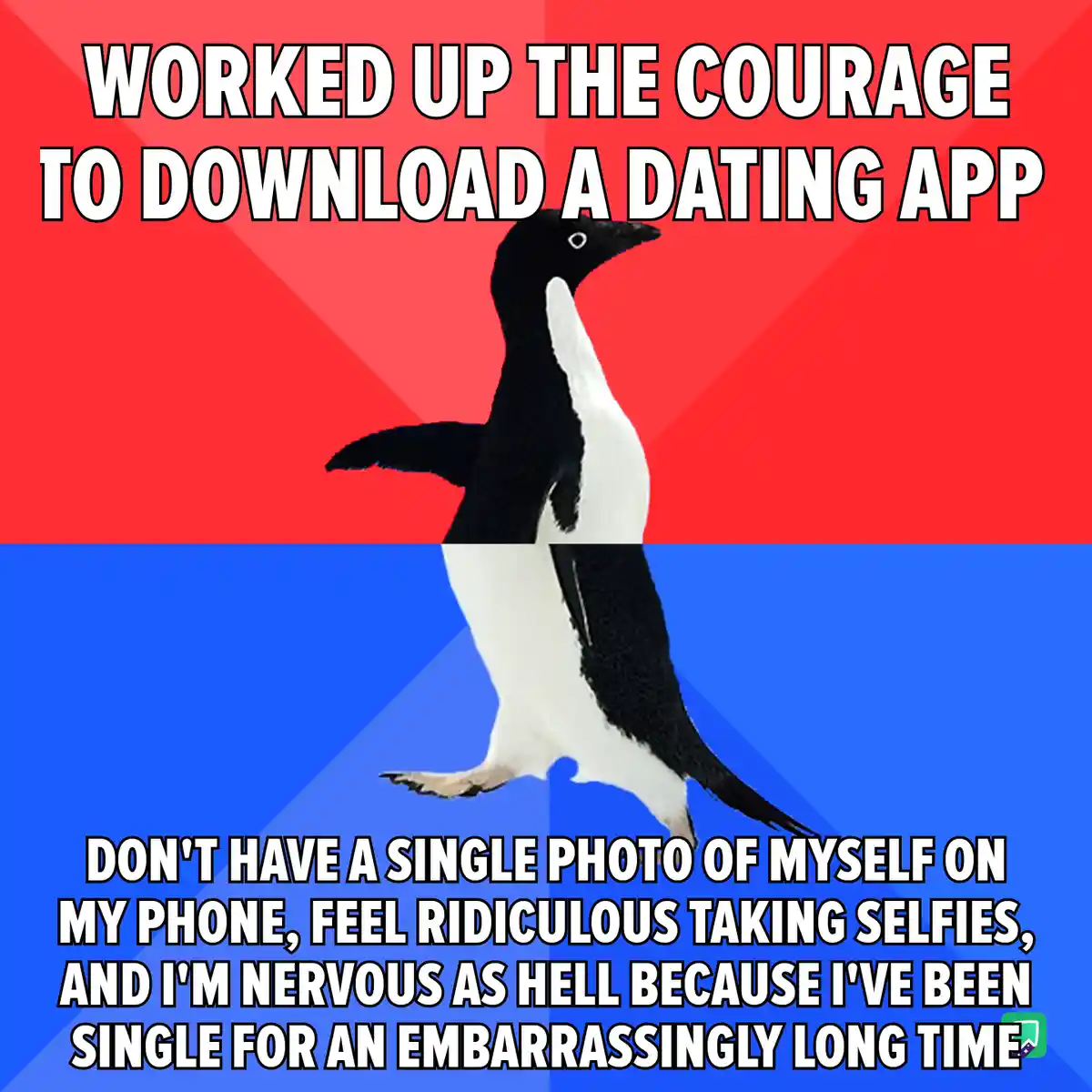 A penguin stands against a red and blue background, with bold white text overlaid in two sections. The top text reads…