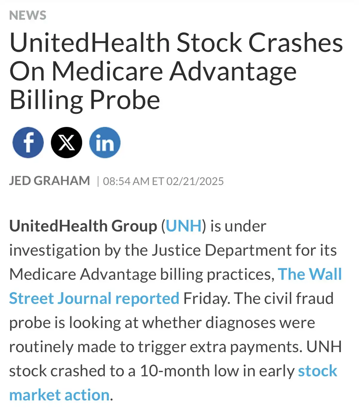 A screenshot of a news article headline about UnitedHealth Group's stock crash due to a Medicare Advantage billing probe…