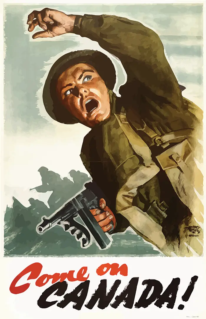 A vintage wartime propaganda poster depicts a soldier in a military uniform and helmet, screaming with his right arm raised…