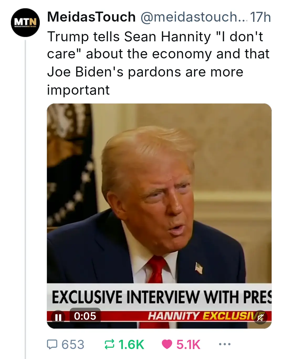 A screenshot of a tweet from MeidasTouch showing a video still of Donald Trump in a suit and red tie, mid-speech during an…
