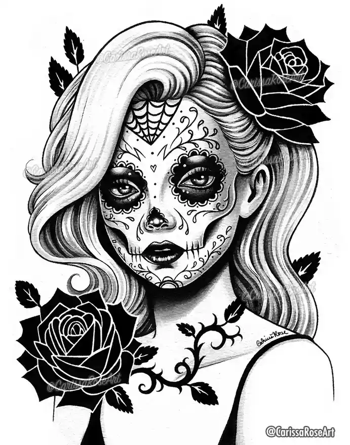 A black-and-white illustration of a woman with sugar skull makeup, long wavy hair, and roses on her head and shoulder. The…