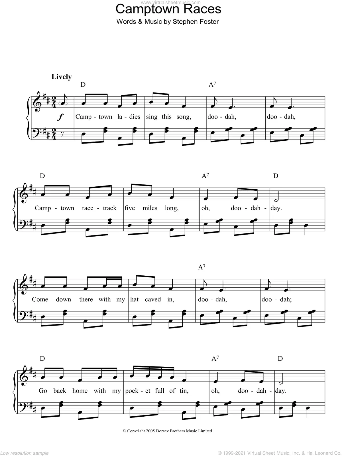 The image displays sheet music for the song 'Camptown Races' by Stephen Foster, showing musical notation and lyrics like…