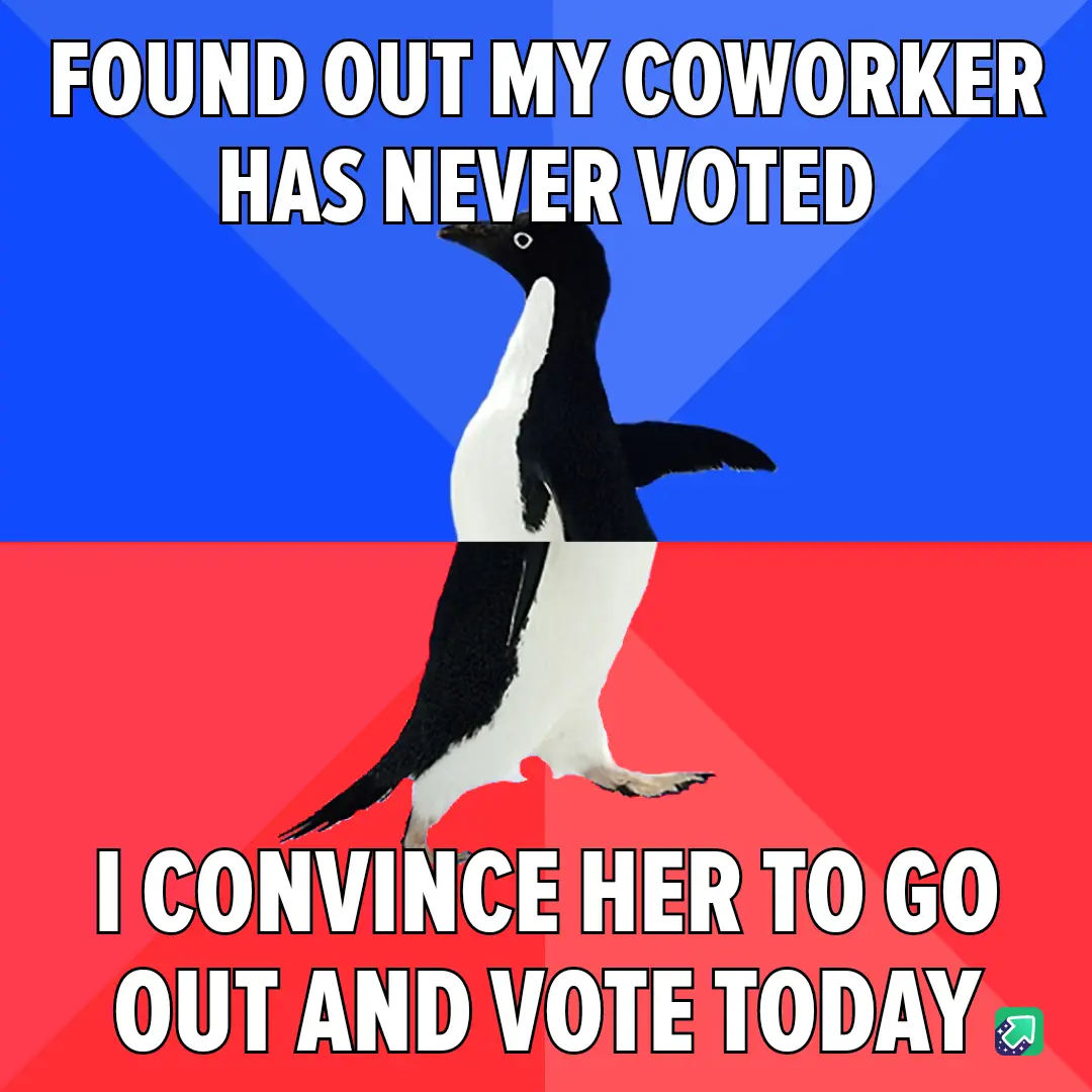 A penguin stands centered against a split blue and red background, with bold white text at the top reading 'FOUND OUT MY…