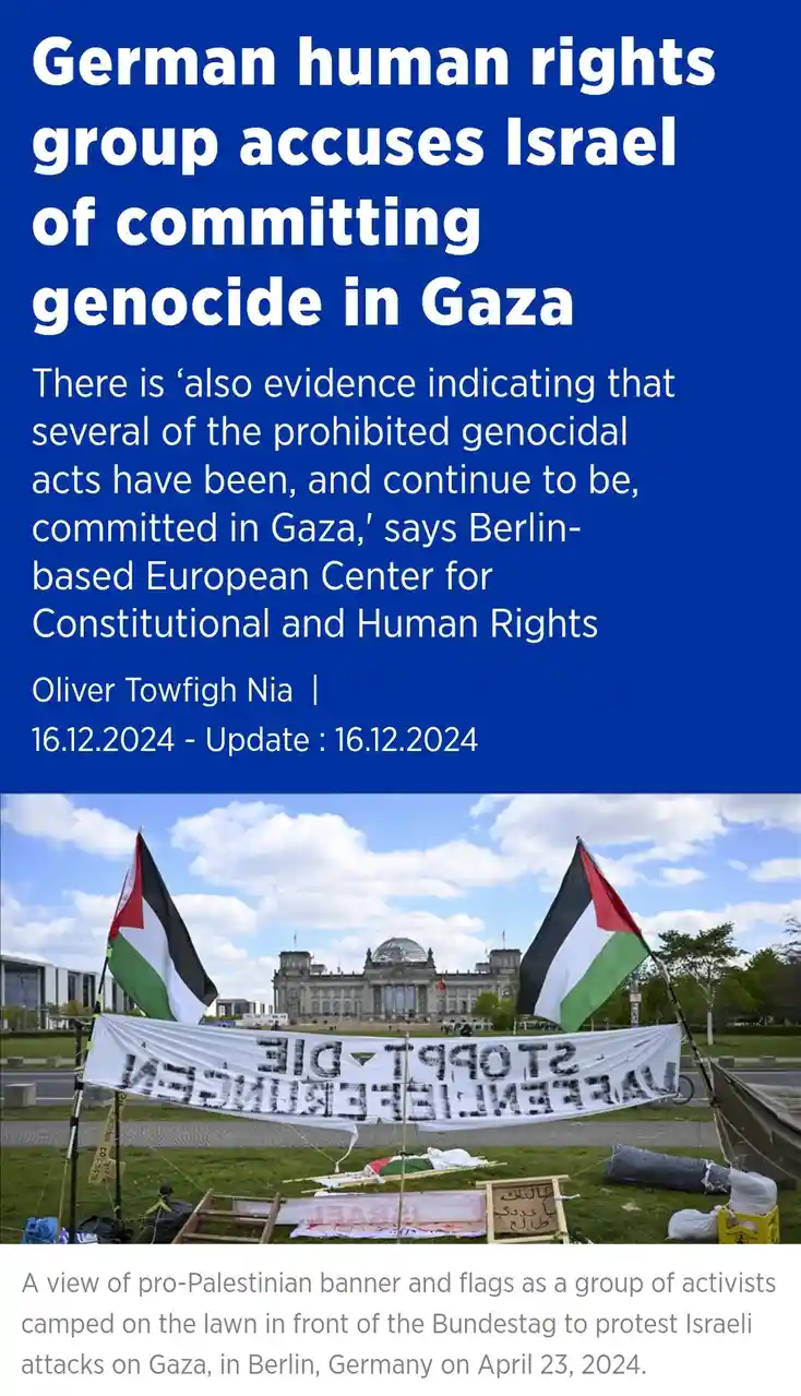 The image displays a news article headline about a German human rights group accusing Israel of genocide in Gaza, overlaid…