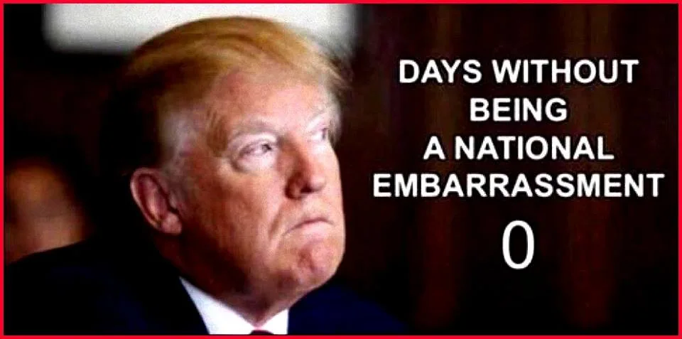 A close-up photo of Donald Trump with a stern, slightly confused expression, overlaid with white text that reads 'DAYS…