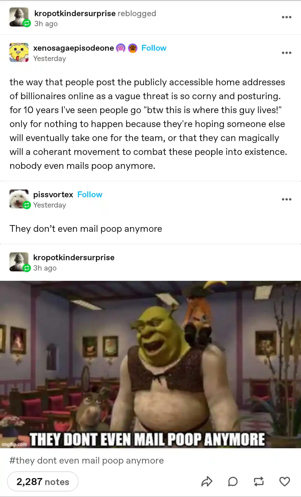 The image shows Shrek from the animated movie 'Shrek' standing in a room with Donkey beside him, both looking surprised. The…