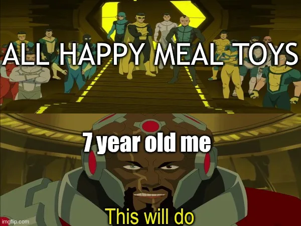 The top panel shows a group of animated superhero characters walking down a hallway, with the text 'ALL HAPPY MEAL TOYS'…