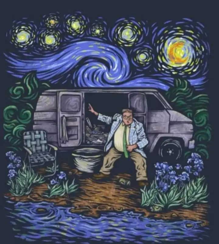 A man in a suit and tie sits outside a van in a swampy area, gesturing dramatically at a swirling, starry night sky that…