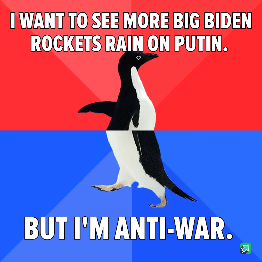 A black-and-white penguin stands centered against a red-and-blue background, with bold white text above reading 'I WANT TO…