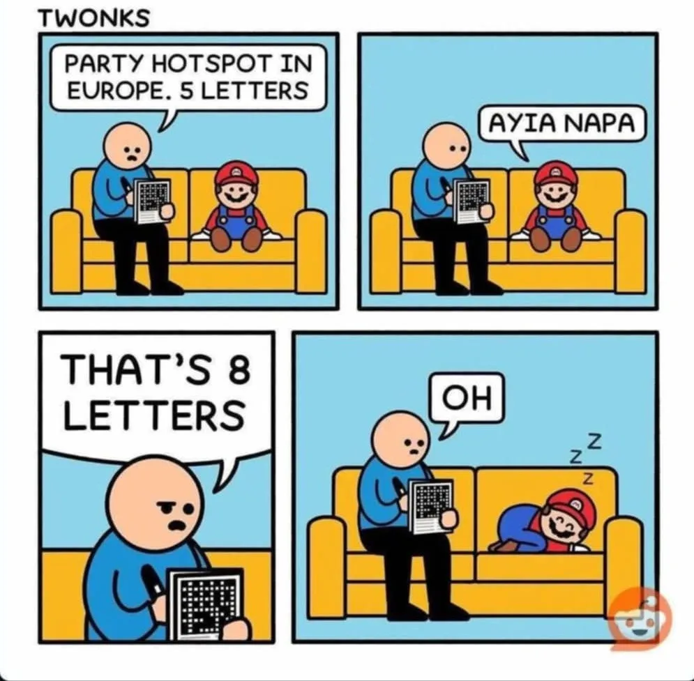 A four-panel comic strip featuring a bald man and Mario on a yellow couch. In the first panel, the man asks Mario for a…