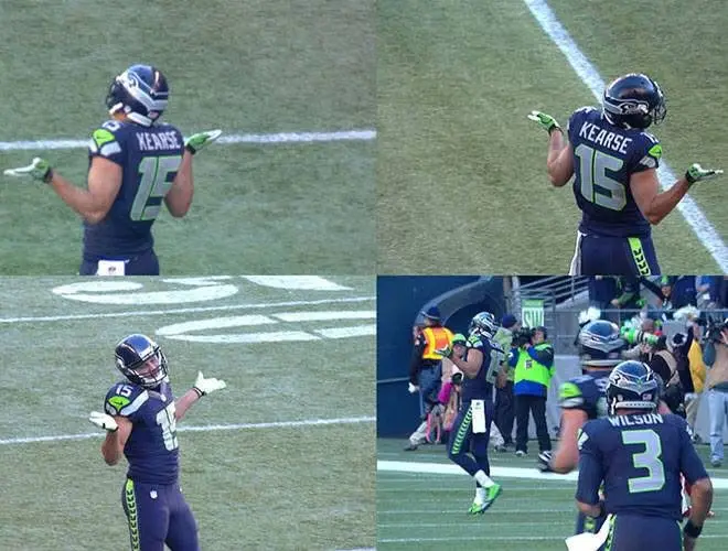 A four-panel image collage shows Seattle Seahawks player Kearse (number 15) celebrating in various poses on the field, while…
