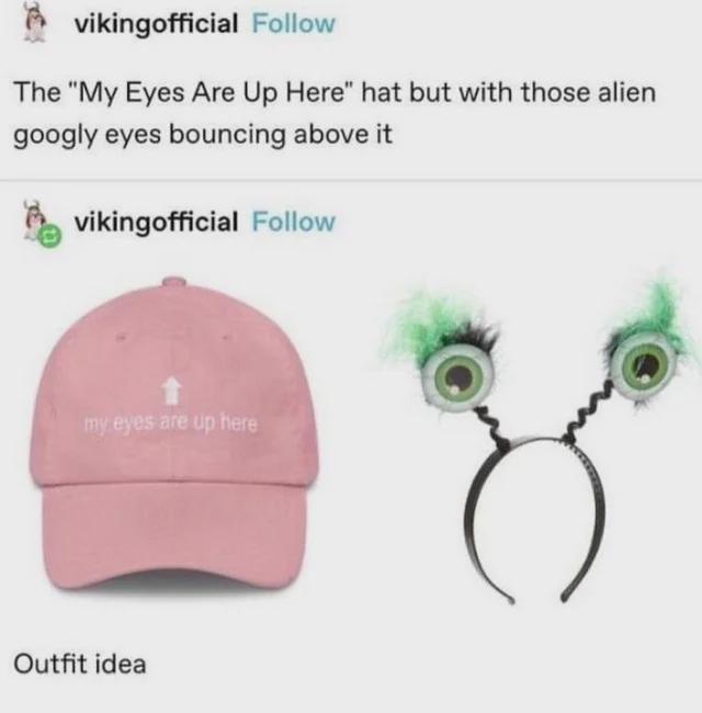 A pink baseball cap with the text 'my eyes are up here' and an upward arrow printed on it, positioned next to a black…