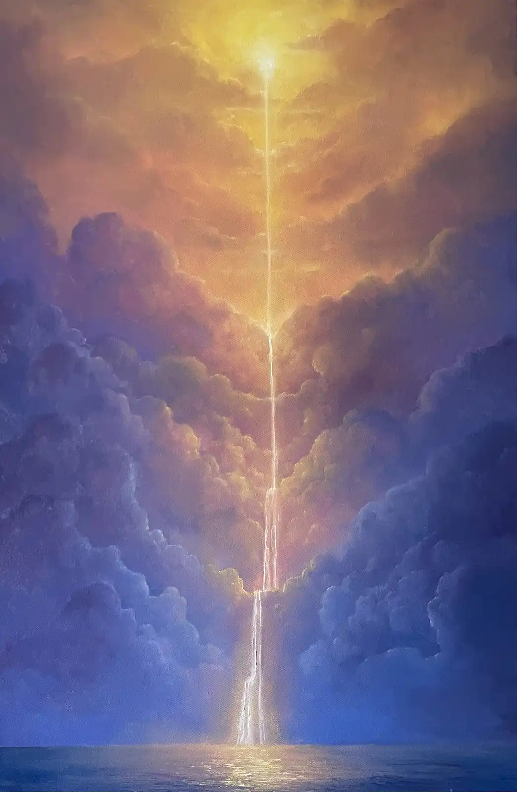 A dramatic painting depicts a vertical beam of divine light descending from a golden sky through dark, swirling clouds to…
