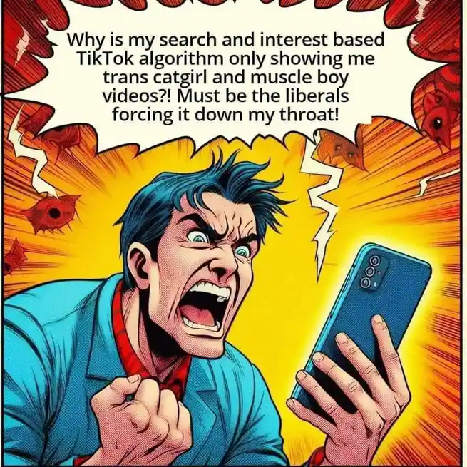 A cartoon man with blue hair and a blue shirt is screaming angrily while holding a blue smartphone. Behind him is a yellow…