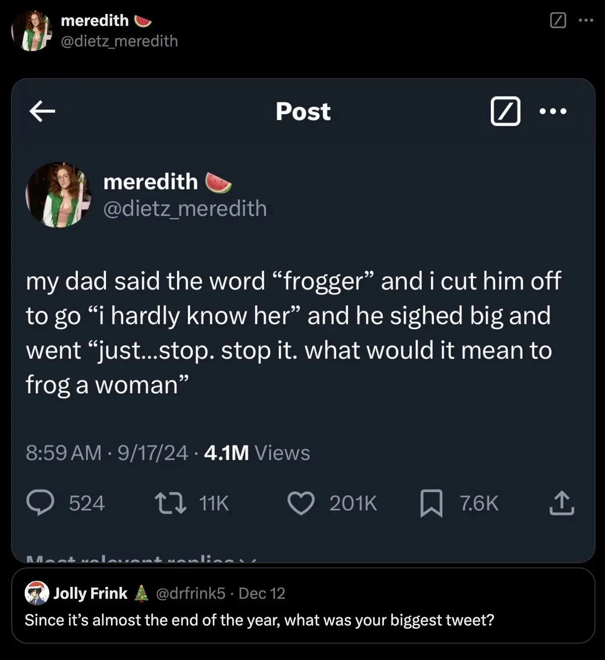 A screenshot of a tweet by user 'meredith' (@dietz_meredith) showing her recounting a humorous family moment where her dad…