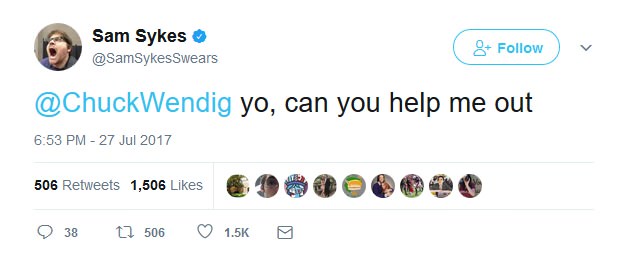 A screenshot of a tweet from Sam Sykes (@SamSykesSwears) dated July 27, 2017, showing his profile picture (a man with his…