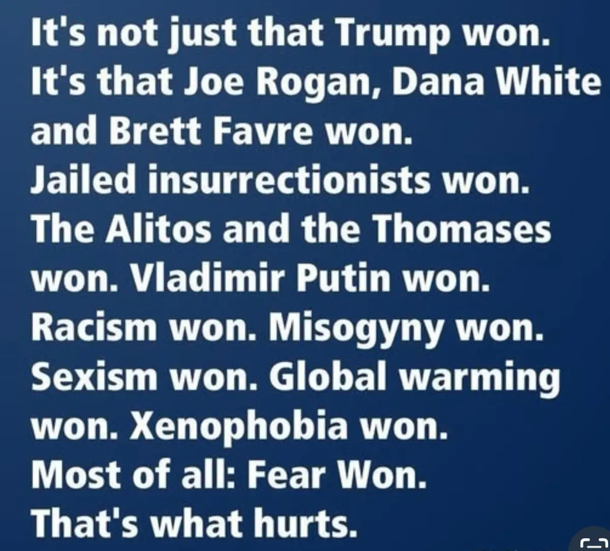 A dark blue background displays white text listing a series of perceived 'wins' attributed to various individuals and…