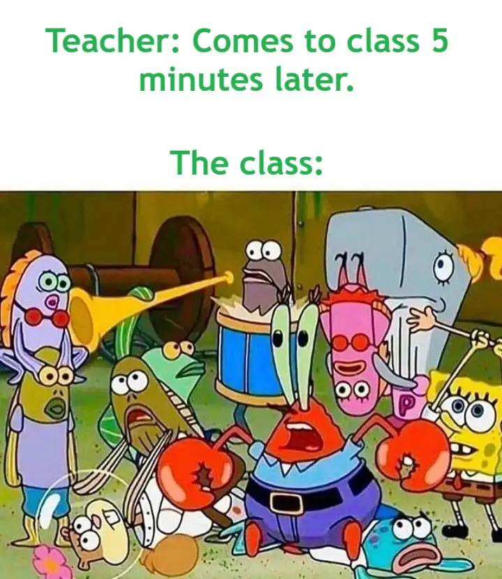 A group of animated characters from SpongeBob SquarePants, including SpongeBob, Mr. Krabs, Patrick, and others, are shown in…