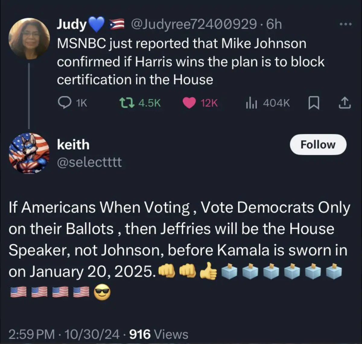 A screenshot of a Twitter thread shows a user named Judy reporting that Mike Johnson plans to block certification if Harris…