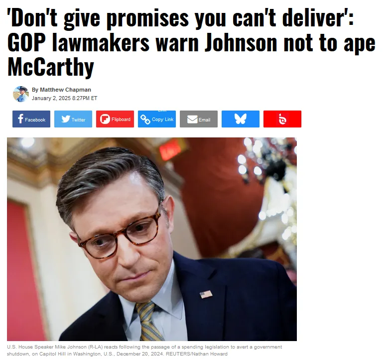 A screenshot of a news article shows a close-up photo of Mike Johnson, wearing glasses and a suit, looking down with a…