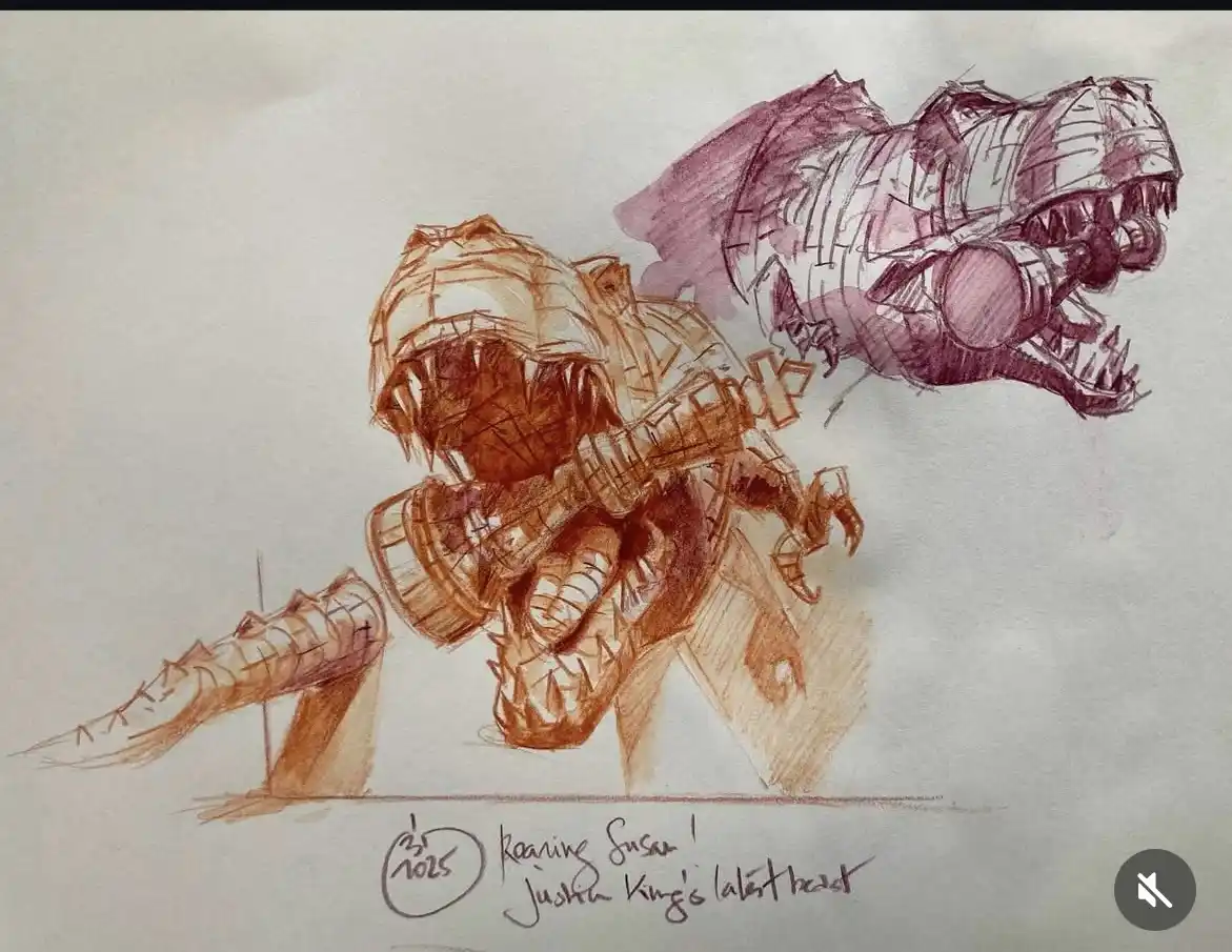 A hand-drawn sketch in brown and purple ink shows two stylized, mechanical-looking dinosaur-like creatures, one in the…