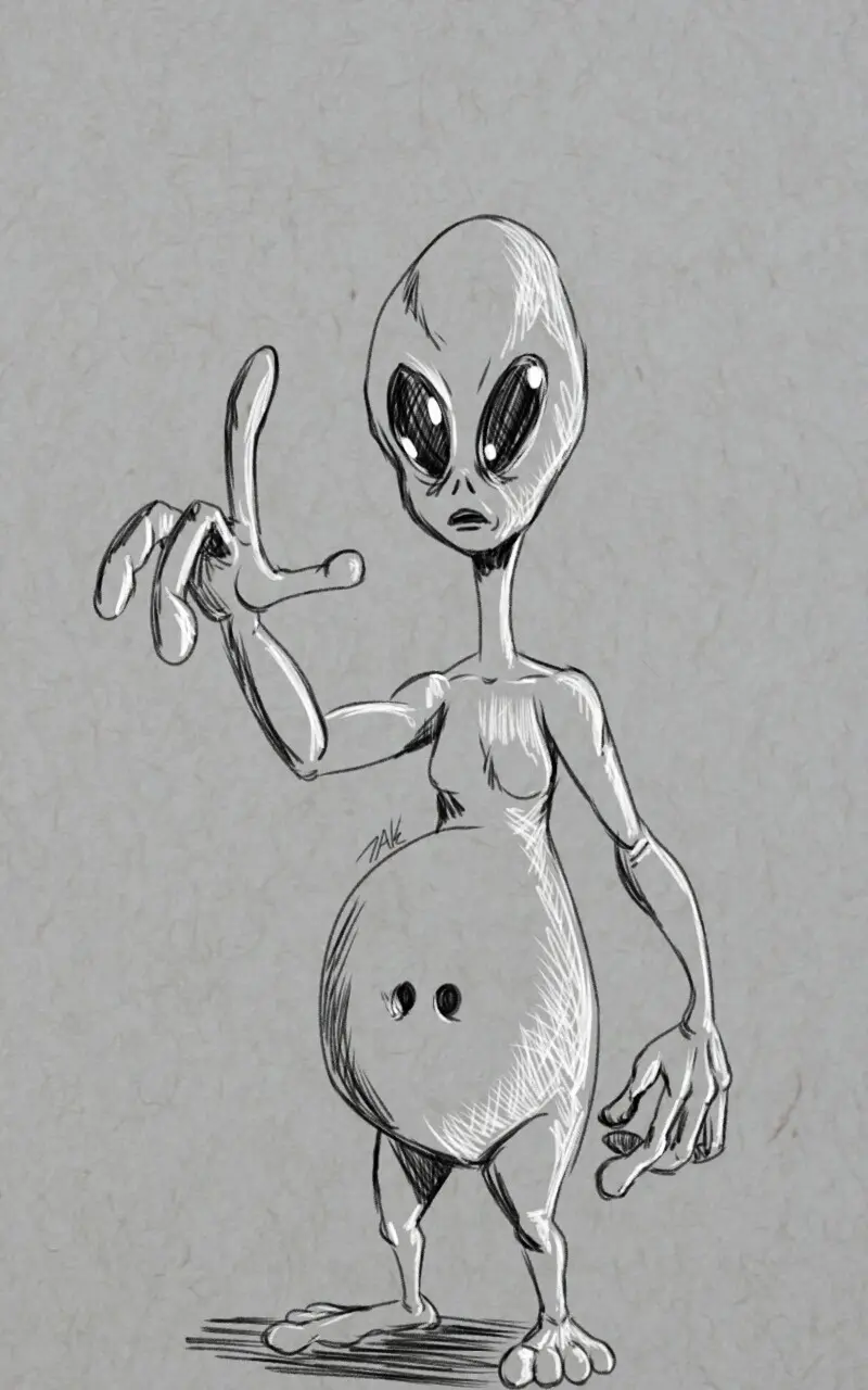 A pencil sketch of a classic grey alien with large eyes and a slender body, standing and gesturing with one hand while…