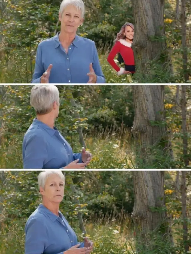 A three-panel image shows a woman in a blue shirt speaking outdoors, then turning to look at a smiling woman in a red…