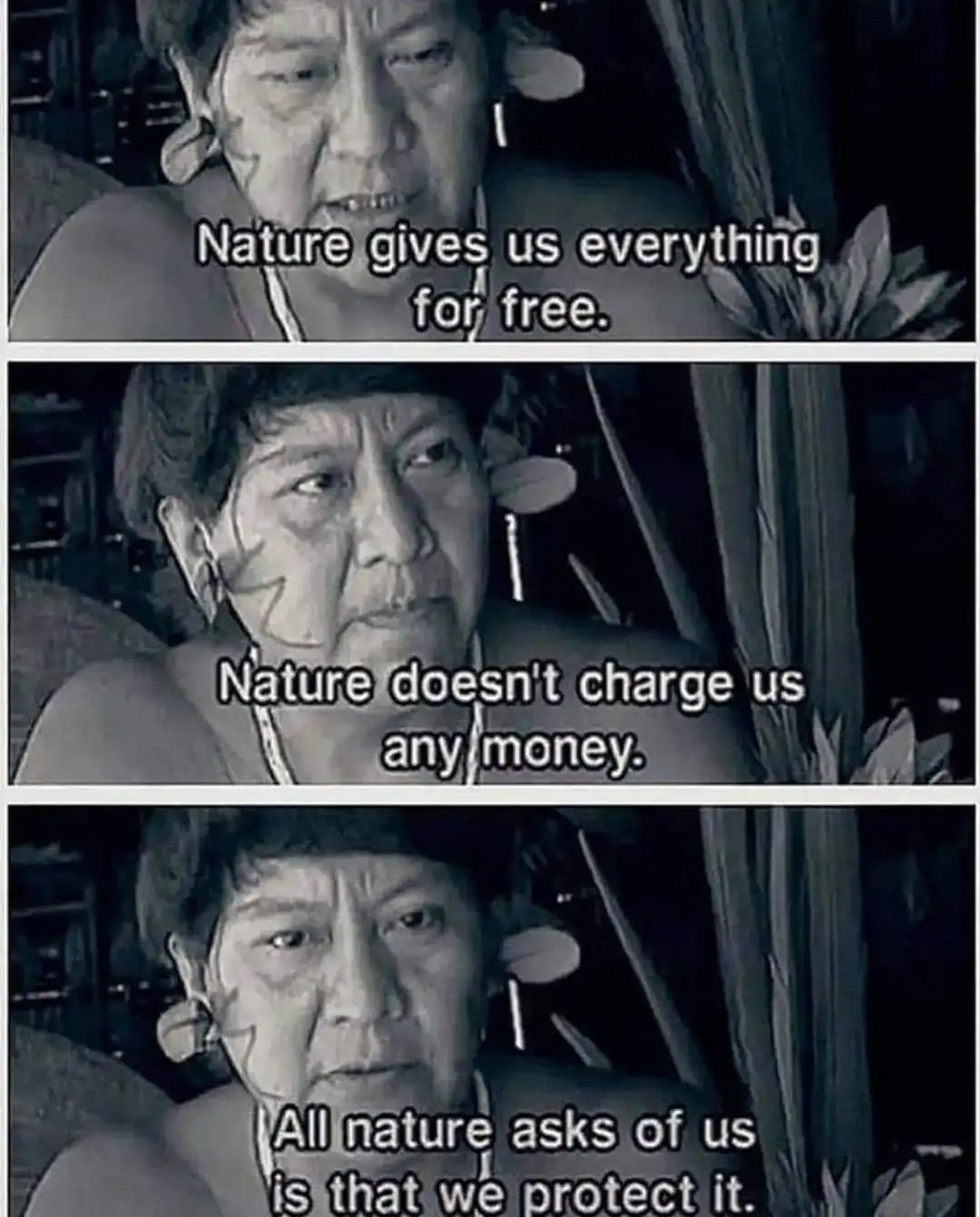 A black-and-white three-panel meme featuring a woman with traditional facial markings and ear ornaments. Each panel shows…