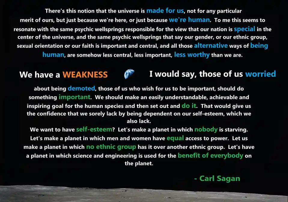 The image displays a quote by Carl Sagan overlaid on a photo of Earth viewed from the moon's surface. The text critiques…