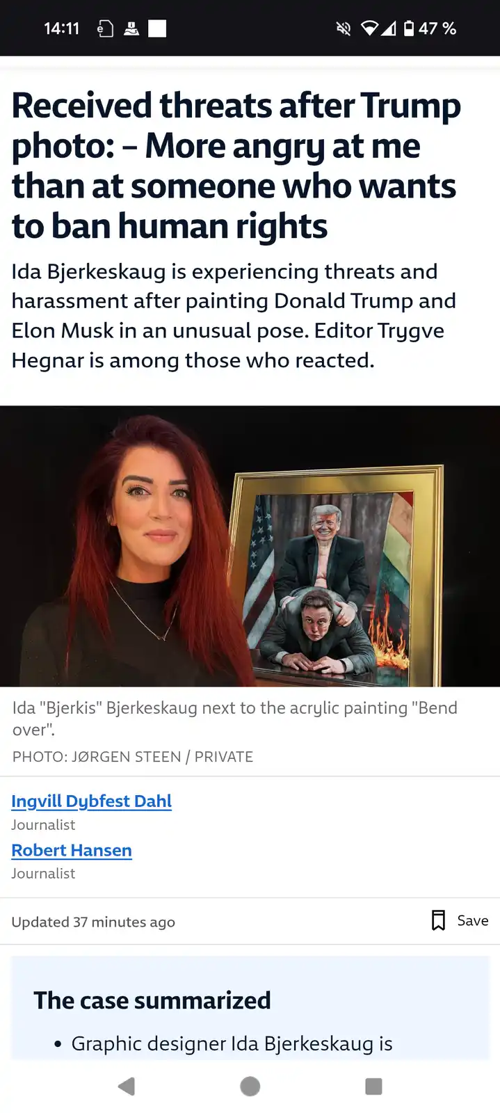 A news article screenshot shows artist Ida Bjerkeskaug standing beside her painting titled 'Bend over', which depicts Donald…