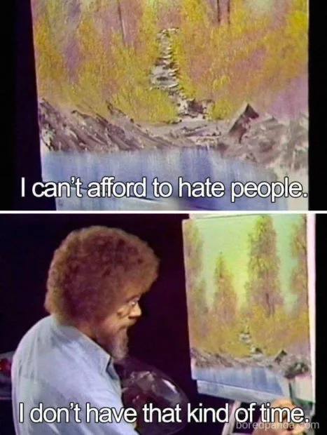 The meme features two panels. The top panel shows a blurry, abstract painting with autumnal colors and a mountain scene…
