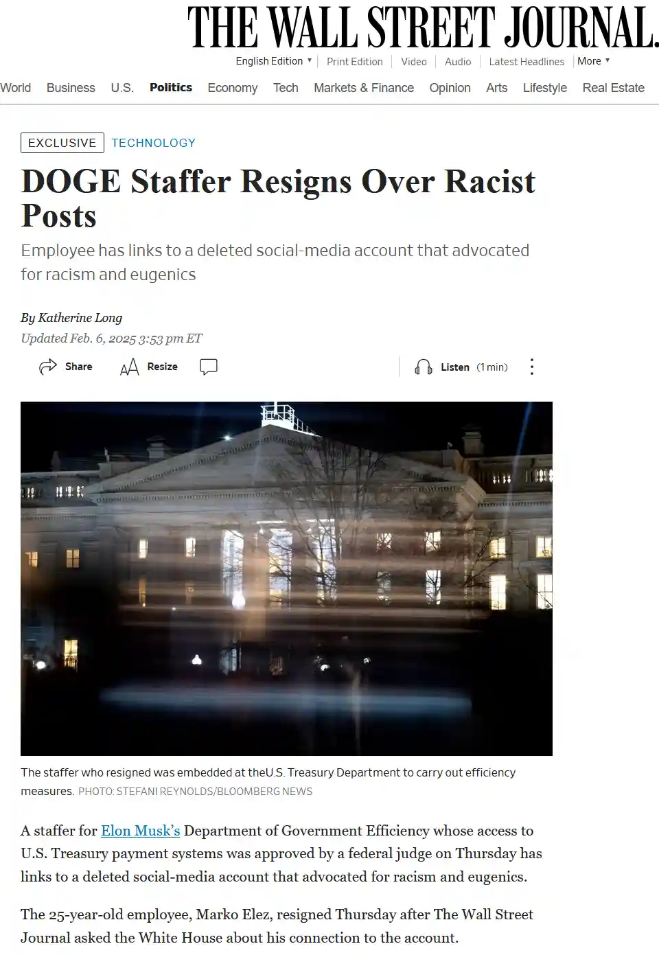 A screenshot of a Wall Street Journal article with the headline 'DOGE Staffer Resigns Over Racist Posts' and a photo of a…