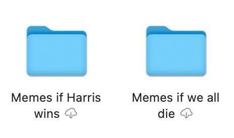 Two identical blue macOS folder icons side by side. The left folder is labeled 'Memes if Harris wins 📥' and the right folder…