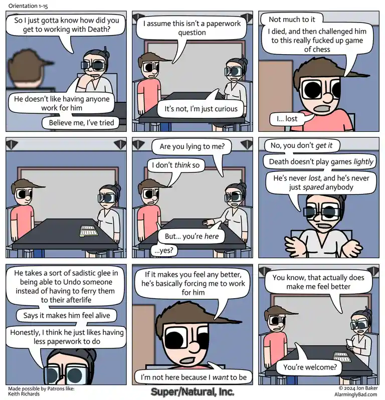 A nine-panel comic strip depicts an orientation interview where a new employee asks how they got to work for Death. The…
