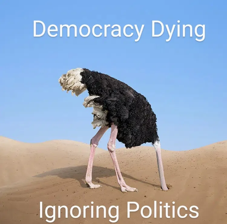 An ostrich stands in a desert, bending its head down into the sand, with the text 'Democracy Dying' at the top and 'Ignoring…