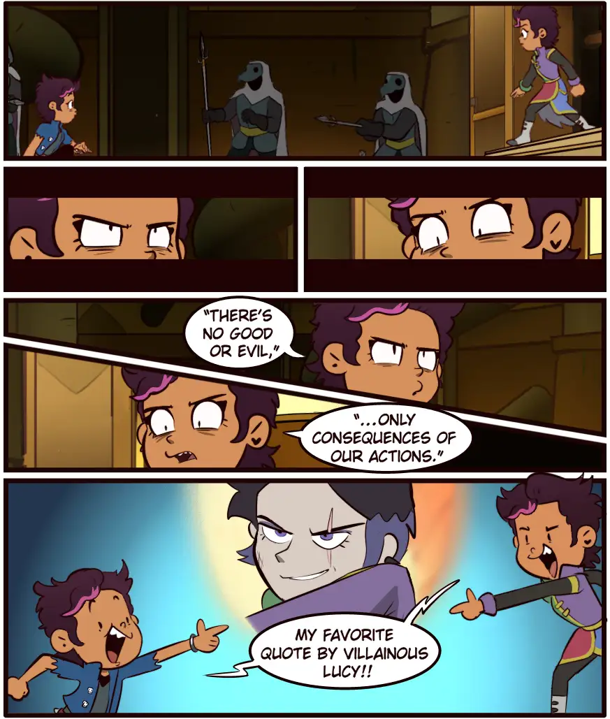 A comic strip shows a character confronting two masked figures, then reacting with shock and excitement as they quote a line…