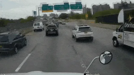 A six-panel car dashcam compilation shows a white SUV driving erratically on a highway, swerving into the wrong lane…