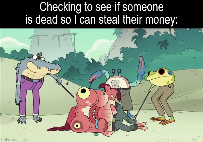 In a cartoon jungle scene, three anthropomorphic animals—a crocodile, a crab, and a frog—are gathered around a fallen…