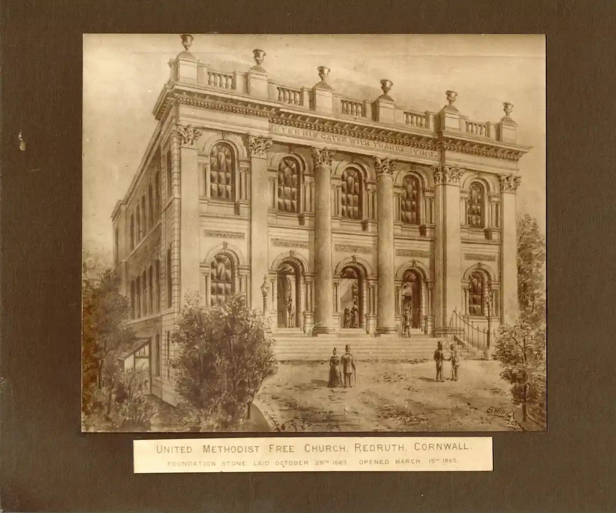 A sepia-toned historical illustration depicts the grand, classical-style United Methodist Free Church in Redruth, Cornwall…