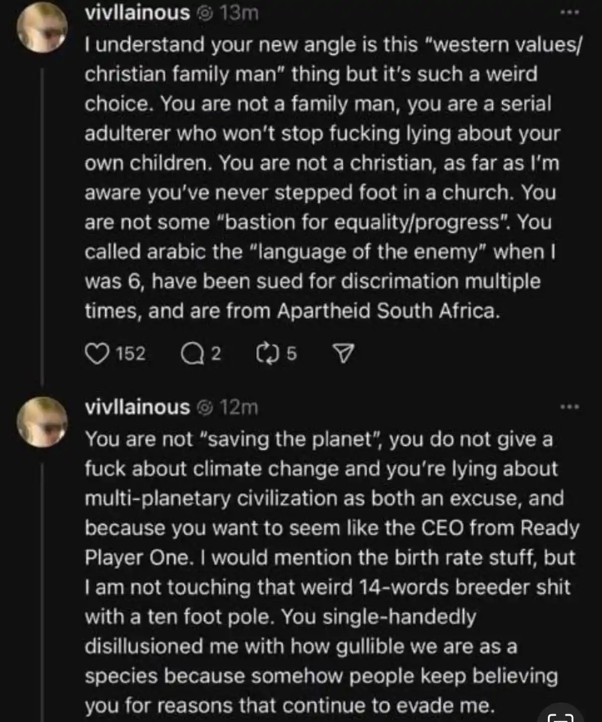 The image shows two screenshots of a social media comment thread from a user named 'vivllainous'. The first comment, posted…