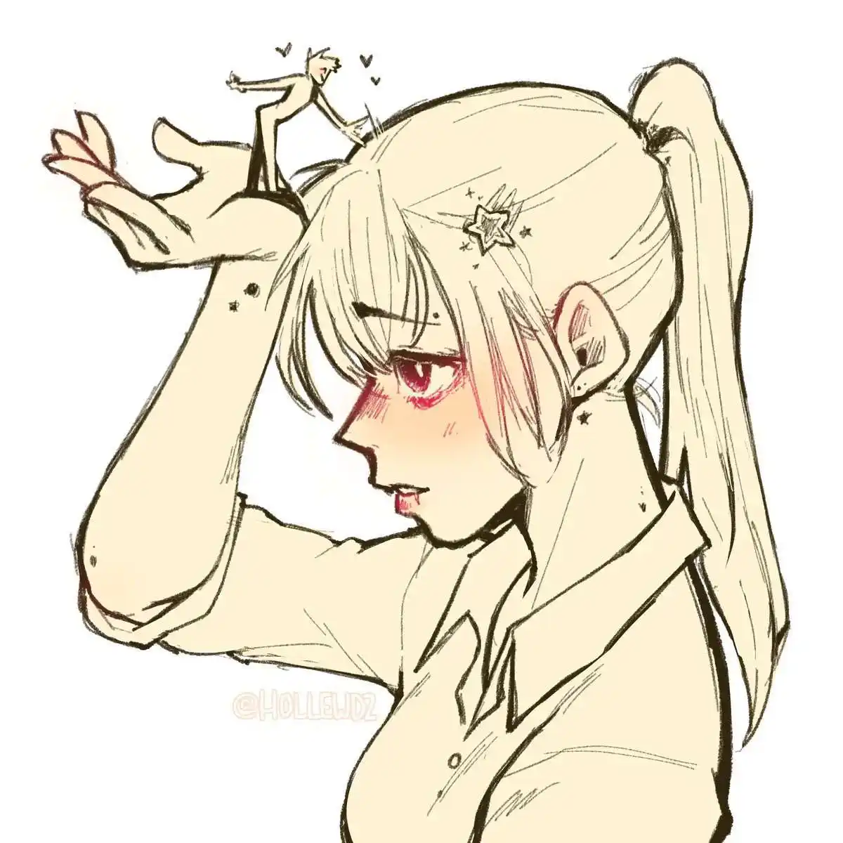 An anime-style girl with blonde pigtails and red eyes looks annoyed while a tiny, stick-figure-like person stands on her…